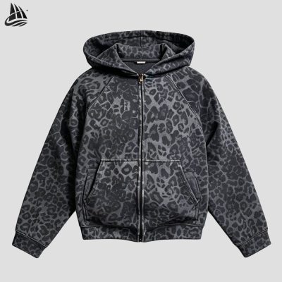 Custom Leopard Print Zip-Up Hoodie Wholesale
