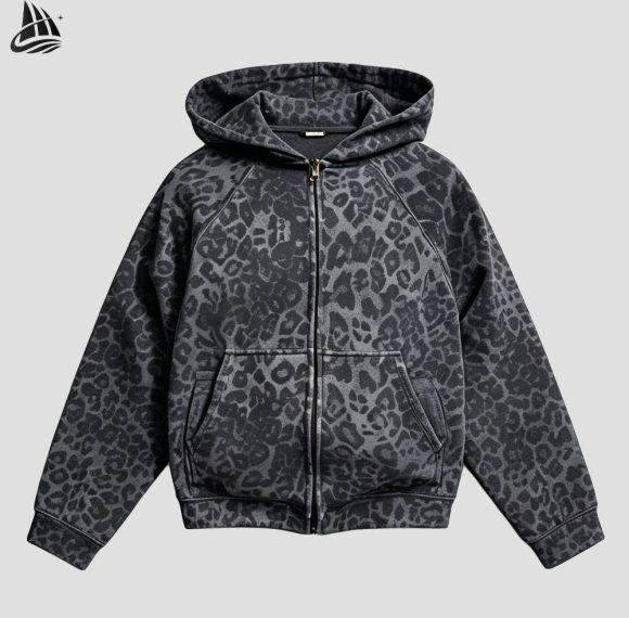 Custom Leopard Print Zip-Up Hoodie Wholesale