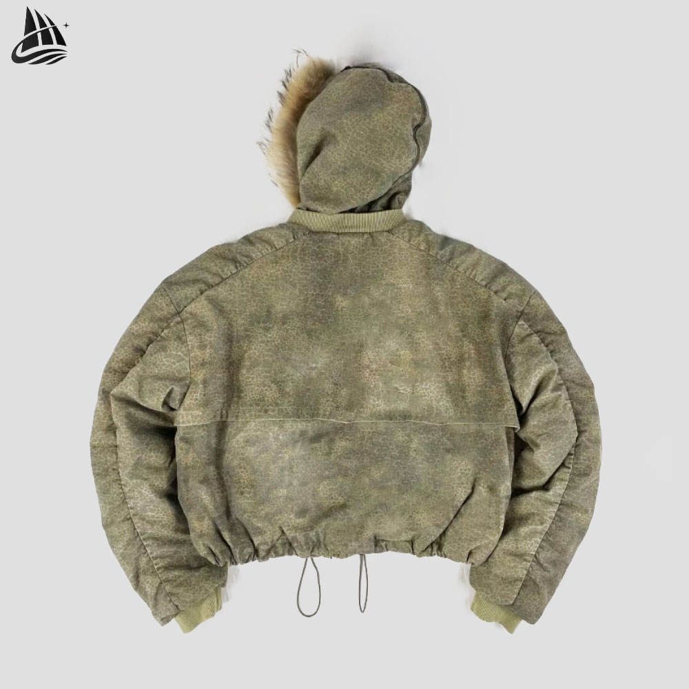 Custom Washed Hooded Puffer Jacket with Faux Fur Trim Wholesale wholesale