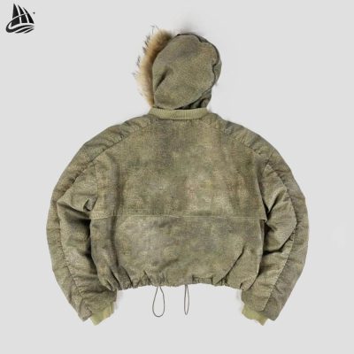 Custom Washed Hooded Puffer Jacket with Faux Fur Trim Wholesale