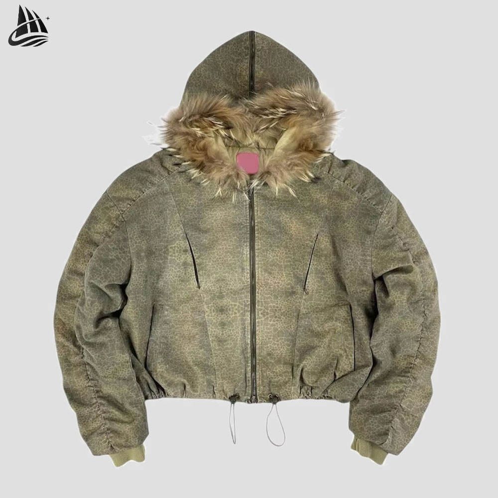 Custom Washed Hooded Puffer Jacket with Faux Fur Trim Wholesale wholesale