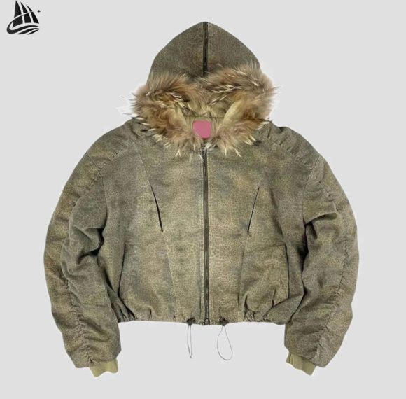 Custom Washed Hooded Puffer Jacket with Faux Fur Trim Wholesale