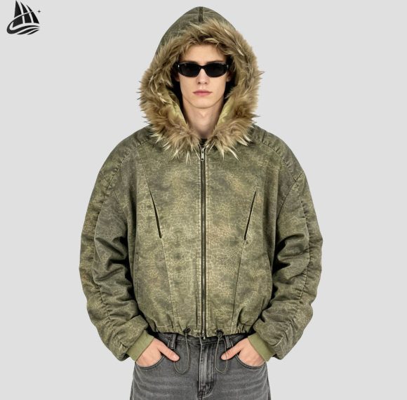 Custom Washed Hooded Puffer Jacket with Faux Fur Trim Wholesale