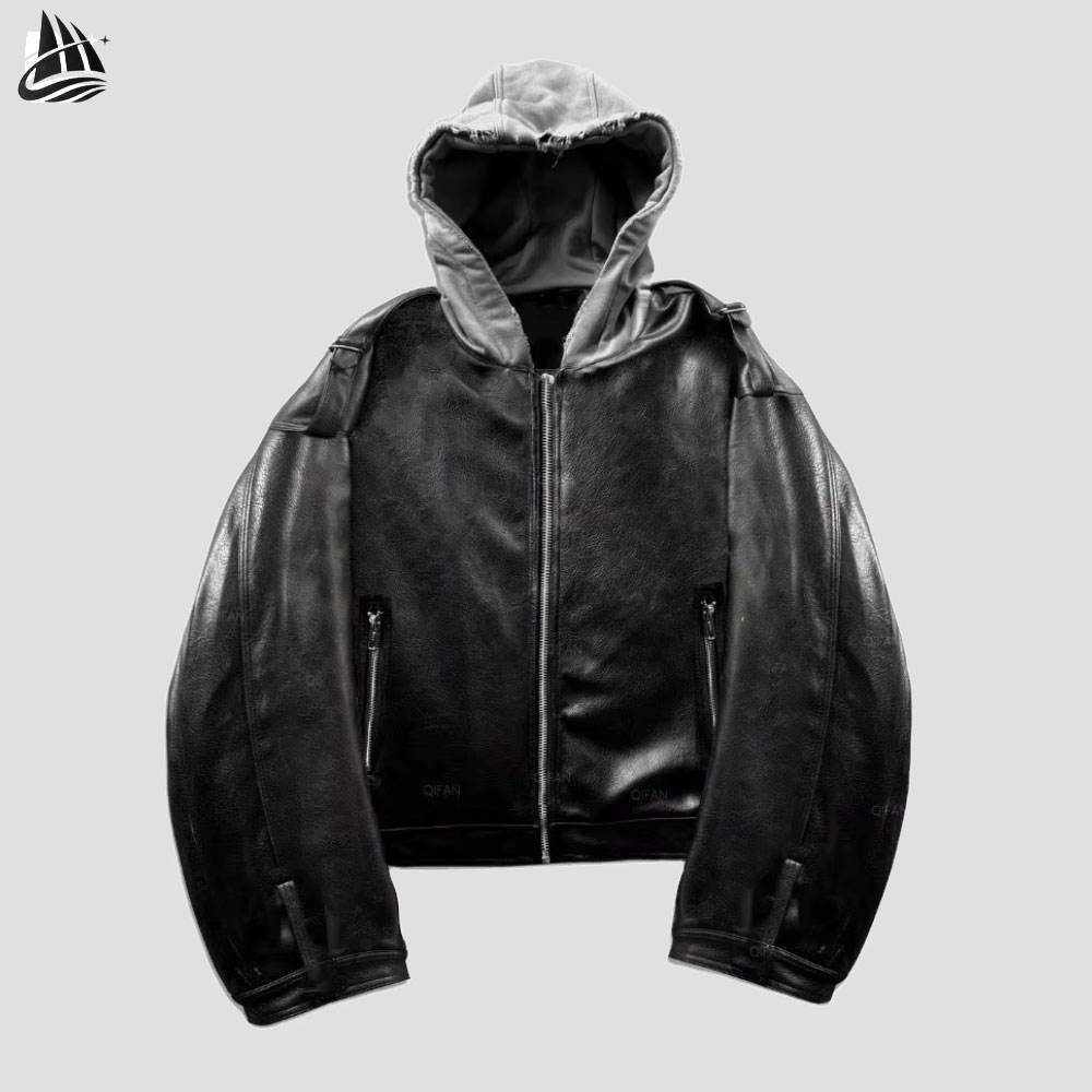 Custom Leather Hooded Jacket with Contrast Hood Wholesale wholesale