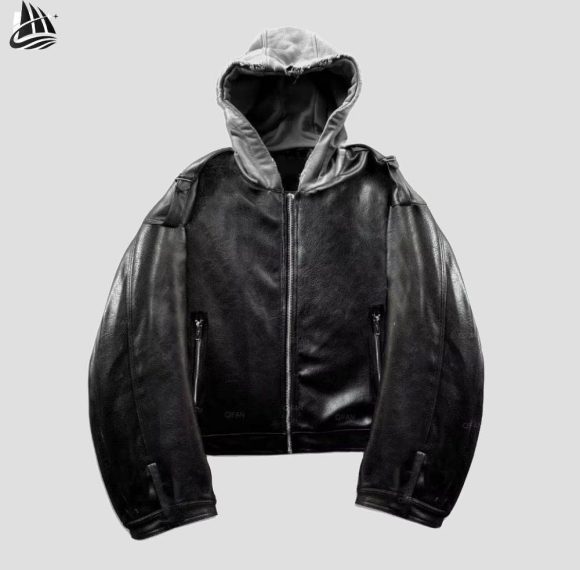 Custom Leather Hooded Jacket with Contrast Hood Wholesale