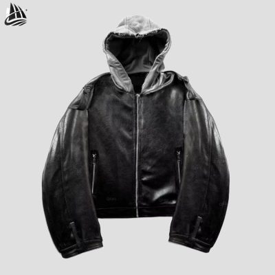 Custom Leather Hooded Jacket with Contrast Hood Wholesale