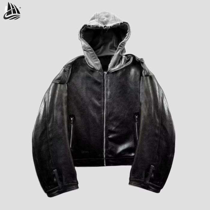Custom Leather Hooded Jacket with Contrast Hood Wholesale