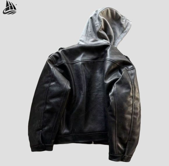 Custom Leather Hooded Jacket with Contrast Hood Wholesale