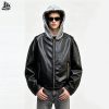 Custom Leather Hooded Jacket with Contrast Hood Wholesale
