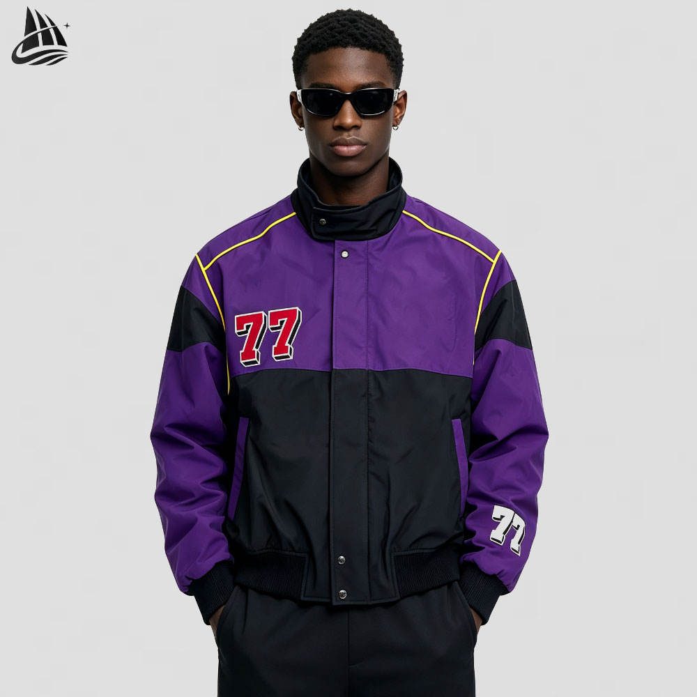 Custom Color-Block Varsity Bomber Jacket with 77 Patch from the INFULLSAIL streetwear range