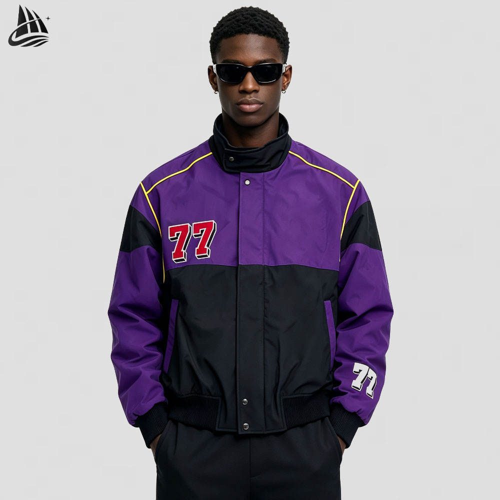 Custom Color-Block Varsity Bomber Jacket with 77 Patch Wholesale wholesale