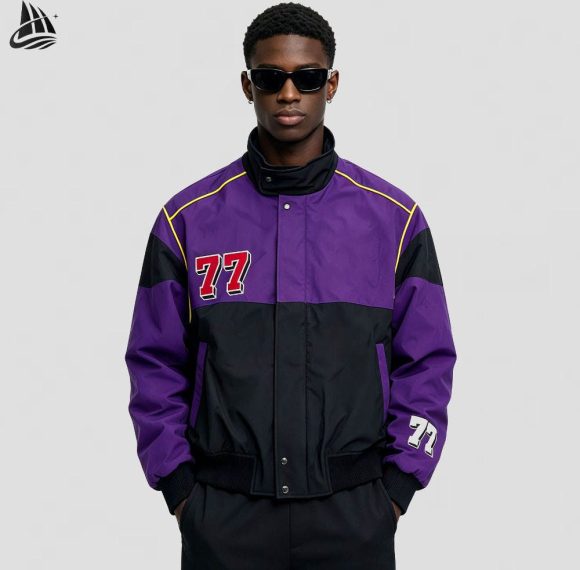 Custom Color-Block Varsity Bomber Jacket with 77 Patch Wholesale