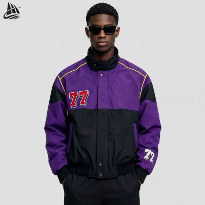 Custom Color-Block Varsity Bomber Jacket with 77 Patch Wholesale