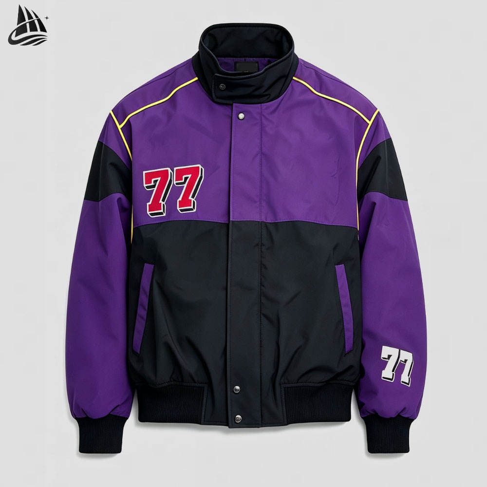 Custom Color-Block Varsity Bomber Jacket with 77 Patch from the INFULLSAIL streetwear range