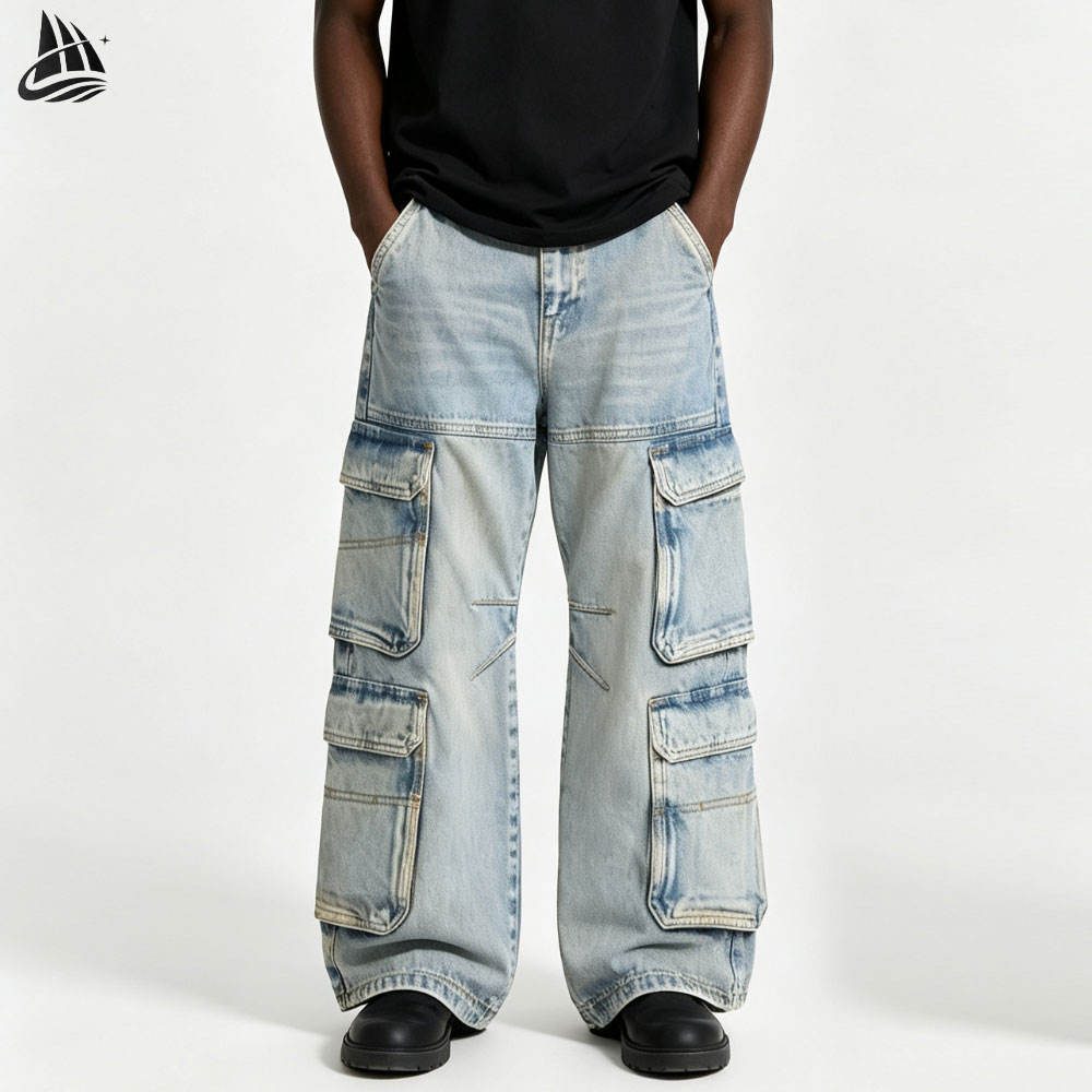 Custom Washed Wide-Leg Cargo Jeans with Patch Pockets Wholesale wholesale
