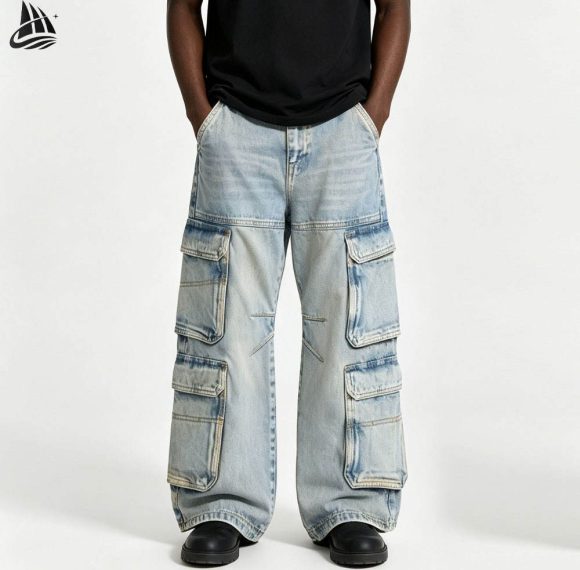 Custom Washed Wide-Leg Cargo Jeans with Patch Pockets Wholesale