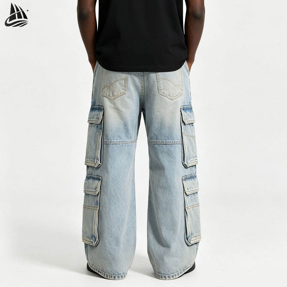 Custom Washed Wide-Leg Cargo Jeans with Patch Pockets Wholesale wholesale
