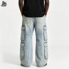 Custom Washed Wide-Leg Cargo Jeans with Patch Pockets Wholesale