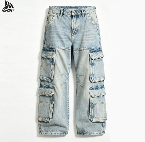 Custom Washed Wide-Leg Cargo Jeans with Patch Pockets Wholesale