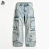Custom Washed Wide-Leg Cargo Jeans with Patch Pockets Wholesale