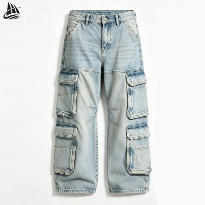Custom Washed Wide-Leg Cargo Jeans with Patch Pockets Wholesale
