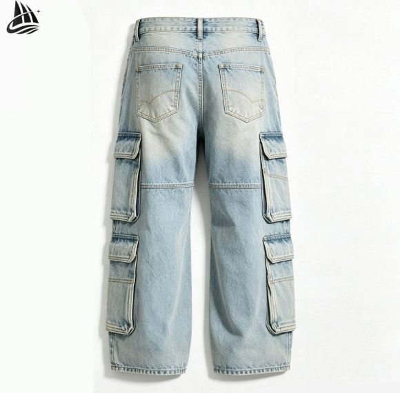 Custom Washed Wide-Leg Cargo Jeans with Patch Pockets Wholesale