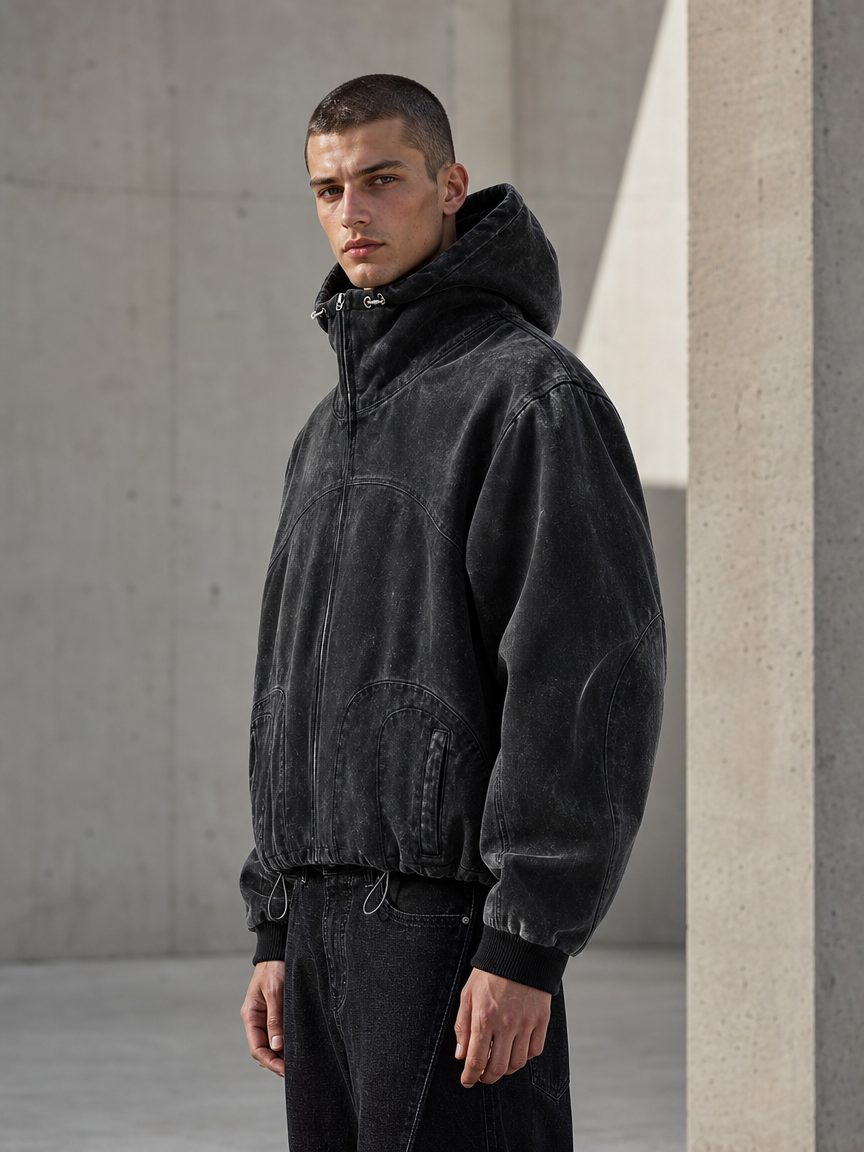 Custom Acid Wash Hooded Jacket with Patch Pockets Wholesale wholesale