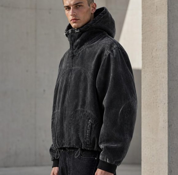 Custom Acid Wash Hooded Jacket with Patch Pockets Wholesale