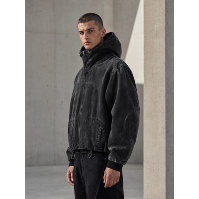 Custom Acid Wash Hooded Jacket with Patch Pockets Wholesale