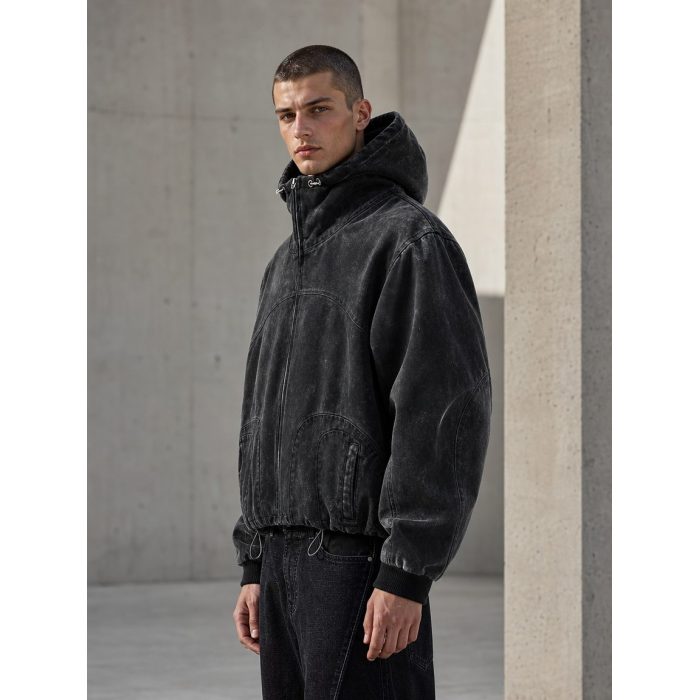 Custom Acid Wash Hooded Jacket with Patch Pockets Wholesale