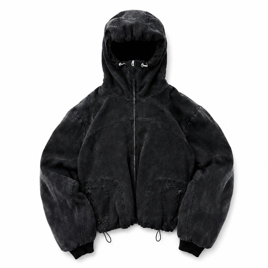 Custom Acid Wash Hooded Jacket with Patch Pockets Wholesale wholesale