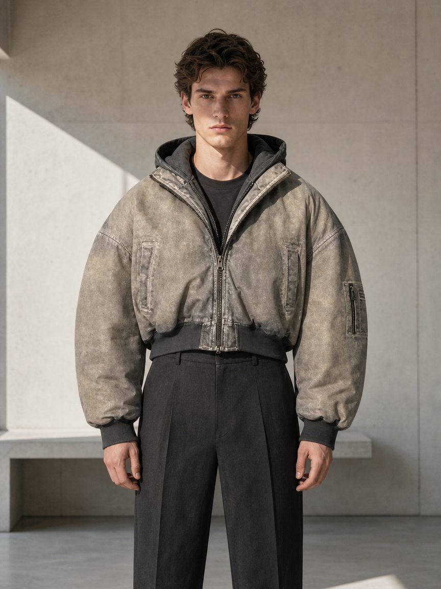 Custom Washed Oversized Hooded Bomber Jacket Wholesale wholesale