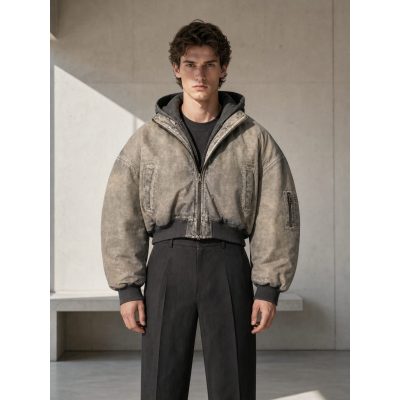 Custom Washed Oversized Hooded Bomber Jacket Wholesale