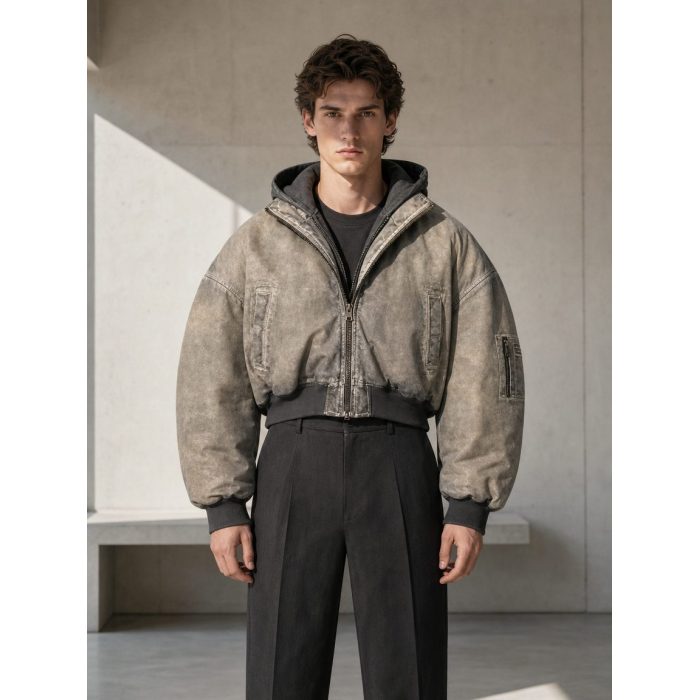 Custom Washed Oversized Hooded Bomber Jacket Wholesale