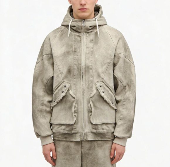 Custom Washed Olive Hooded Utility Jacket with Patch Pockets Wholesale