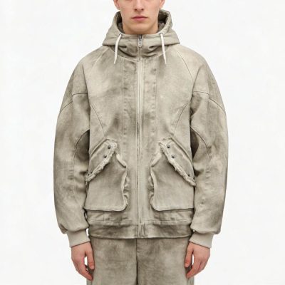 Custom Washed Olive Hooded Utility Jacket with Patch Pockets Wholesale