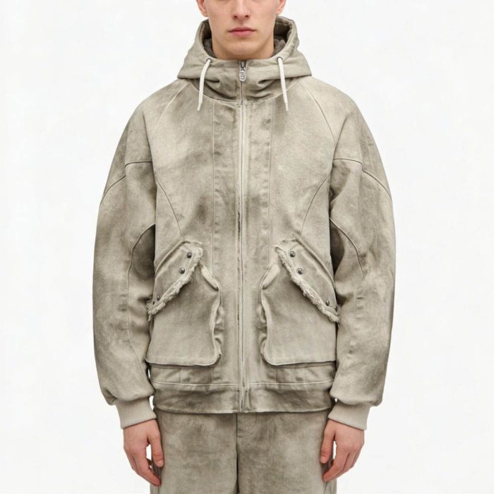 Custom Washed Olive Hooded Utility Jacket with Patch Pockets Wholesale