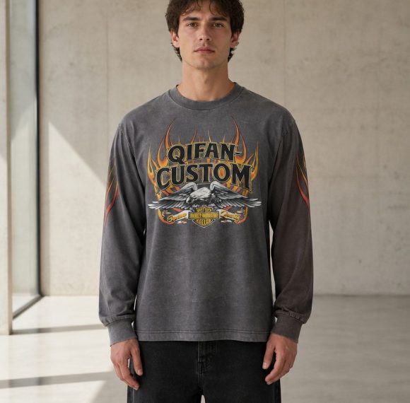 Custom Flame Print Long Sleeve Tee Wholesale