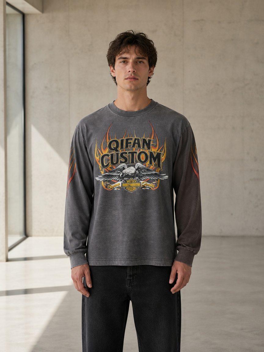 Custom Flame Print Long Sleeve Tee Wholesale wholesale