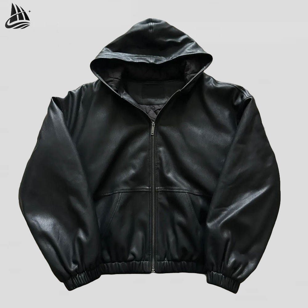 Custom Black Leather Hooded Jacket Wholesale wholesale