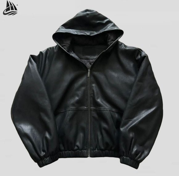 Custom Black Leather Hooded Jacket Wholesale