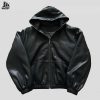 Custom Black Leather Hooded Jacket Wholesale