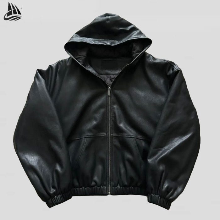 Custom Black Leather Hooded Jacket Wholesale