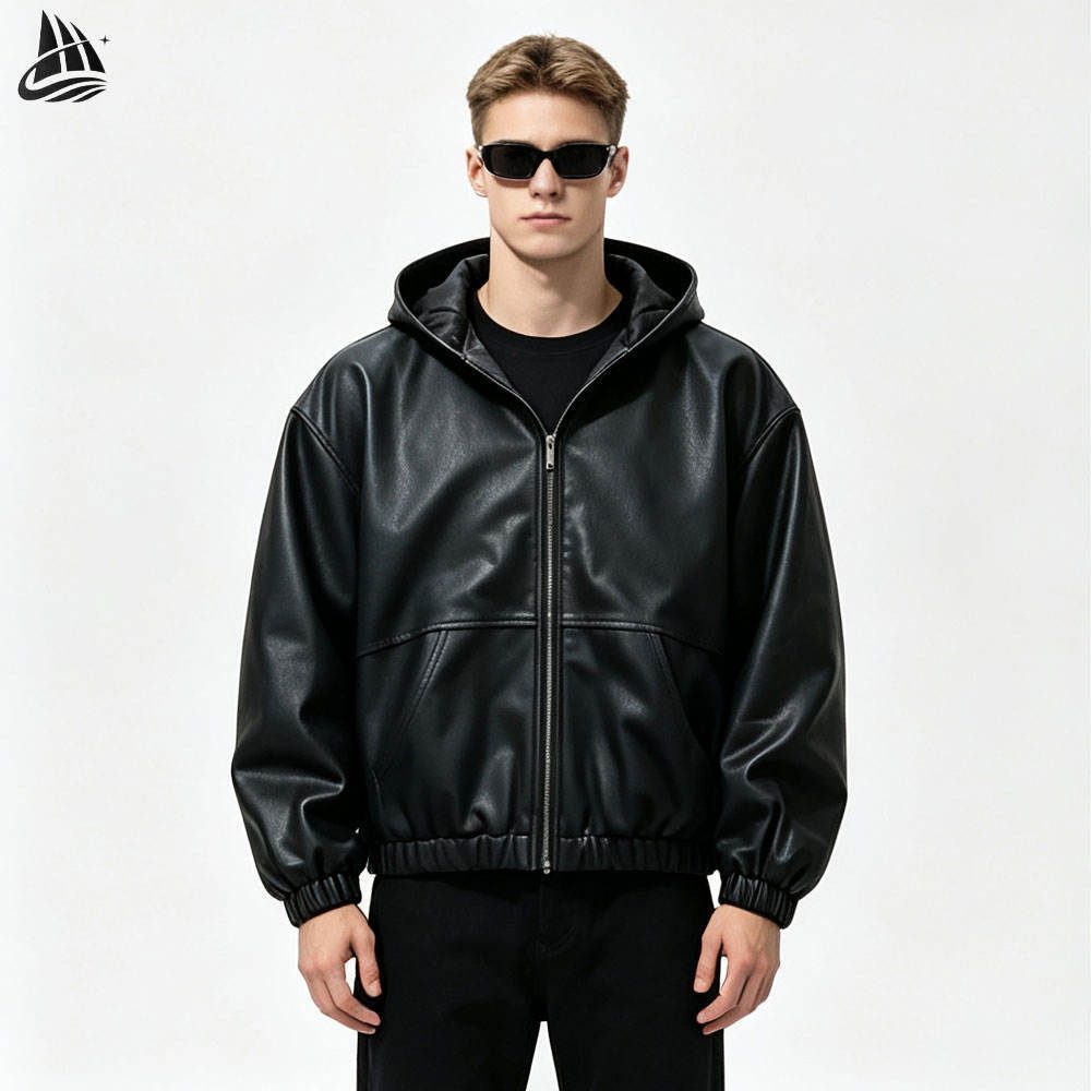 Custom Black Leather Hooded Jacket Wholesale wholesale