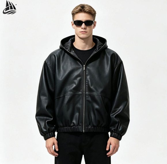 Custom Black Leather Hooded Jacket Wholesale