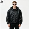 Custom Black Leather Hooded Jacket Wholesale