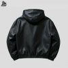 Custom Black Leather Hooded Jacket Wholesale