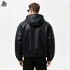 Custom Black Leather Hooded Jacket Wholesale