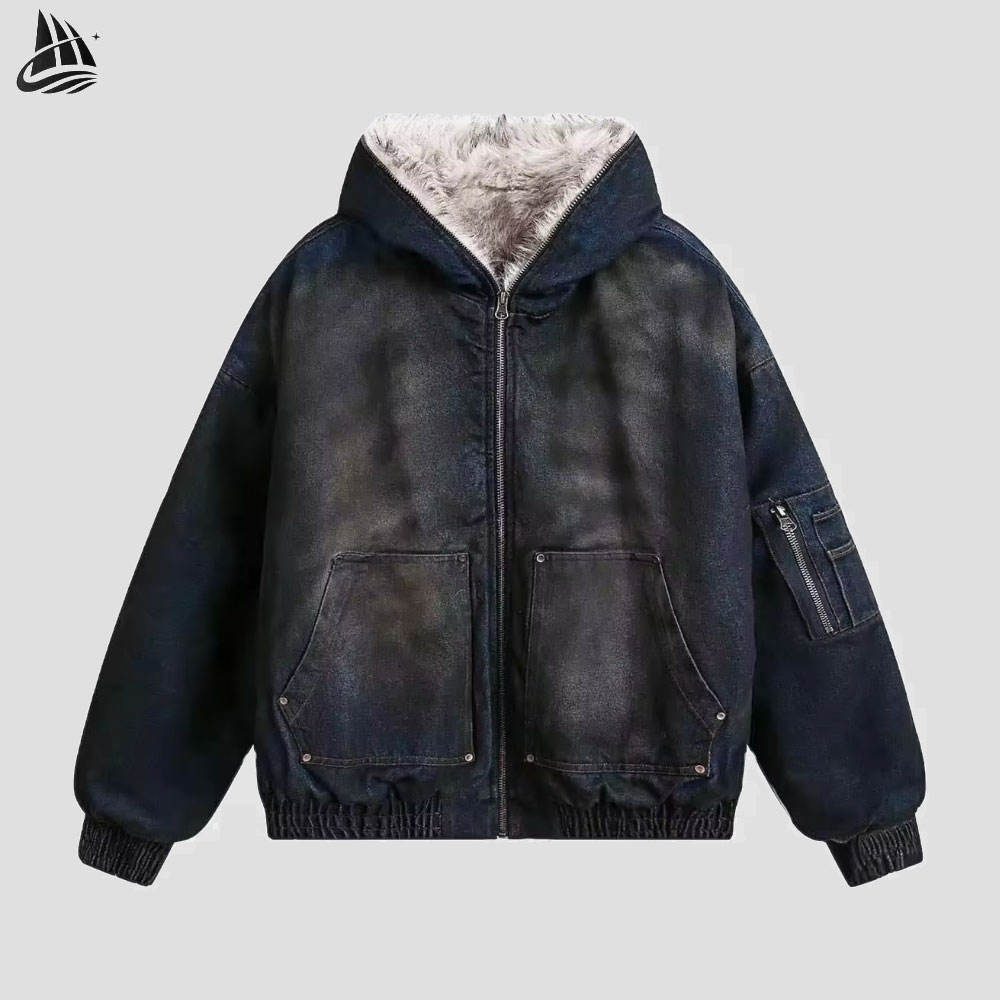 Custom Washed Denim Hooded Jacket Wholesale wholesale