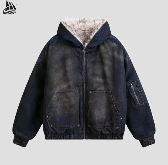 Custom Washed Denim Hooded Jacket Wholesale
